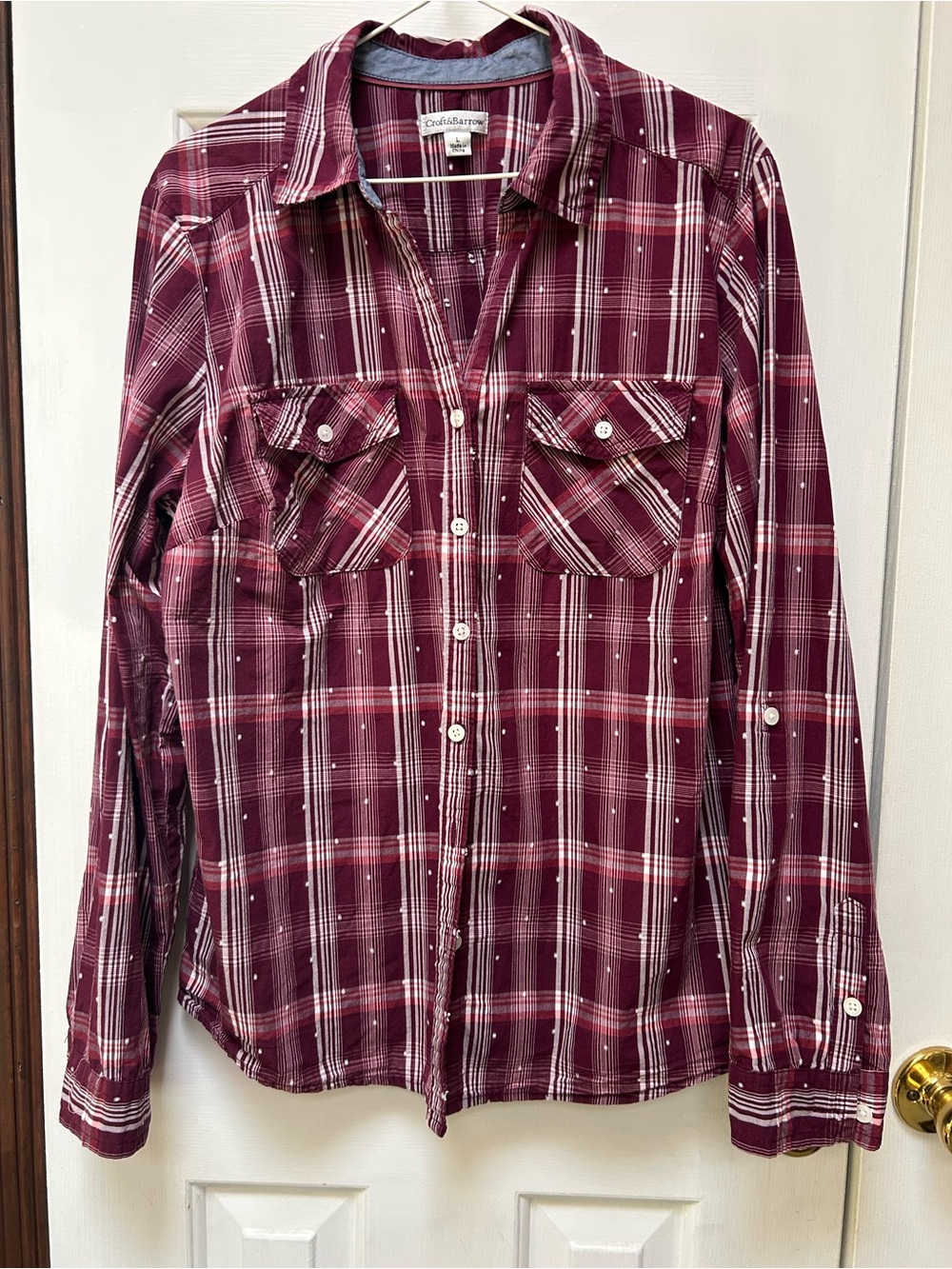 Women’s Western style Maroon Plaid Button-Up Shirt, Adjst sleeve. Croft&Barrow